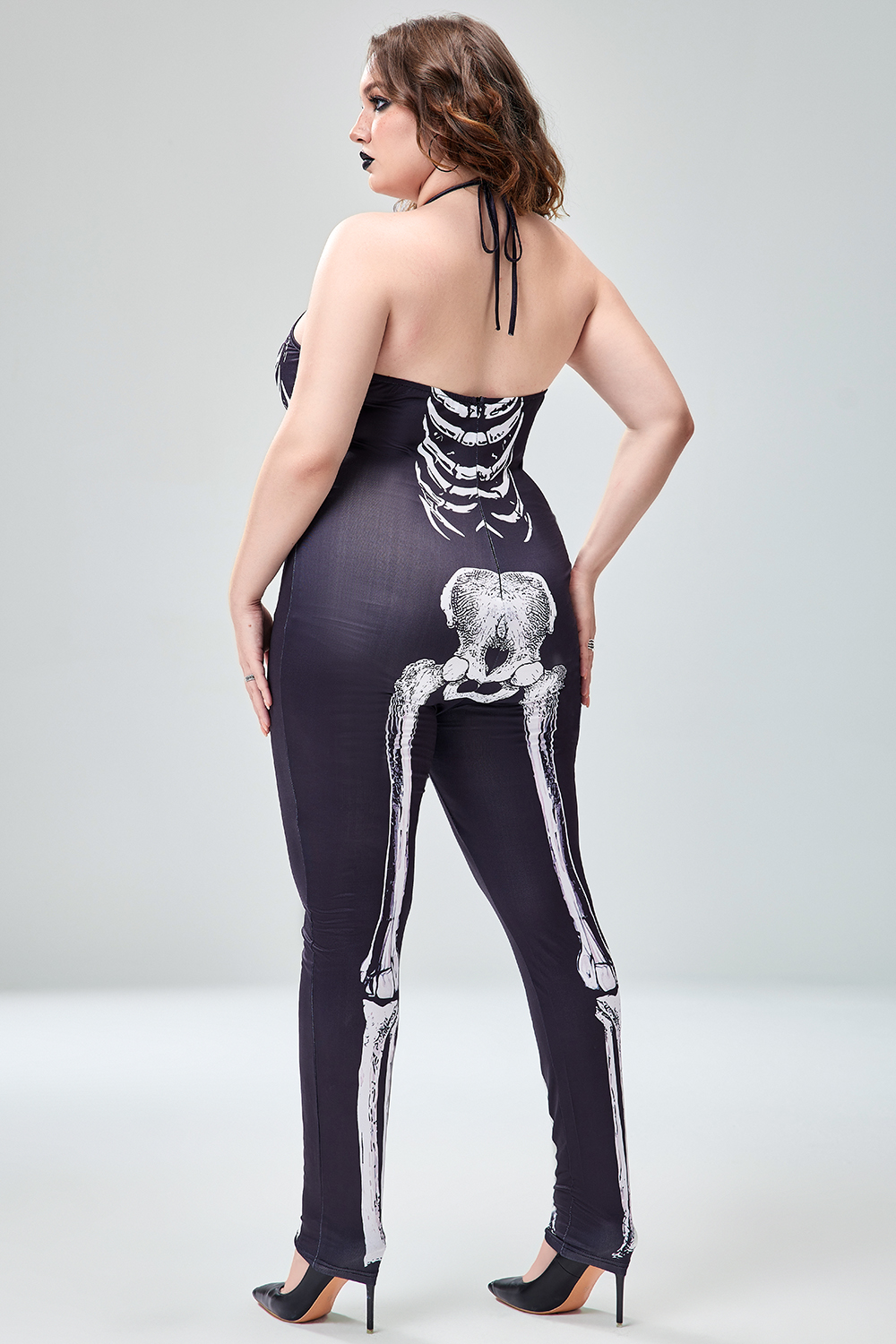 Xpluswear Design Plus Size Casual Halloween Costume Black Skeleton Print Sleeveless Knitted Jumpsuits (Without Gloves) [Pre-Order]