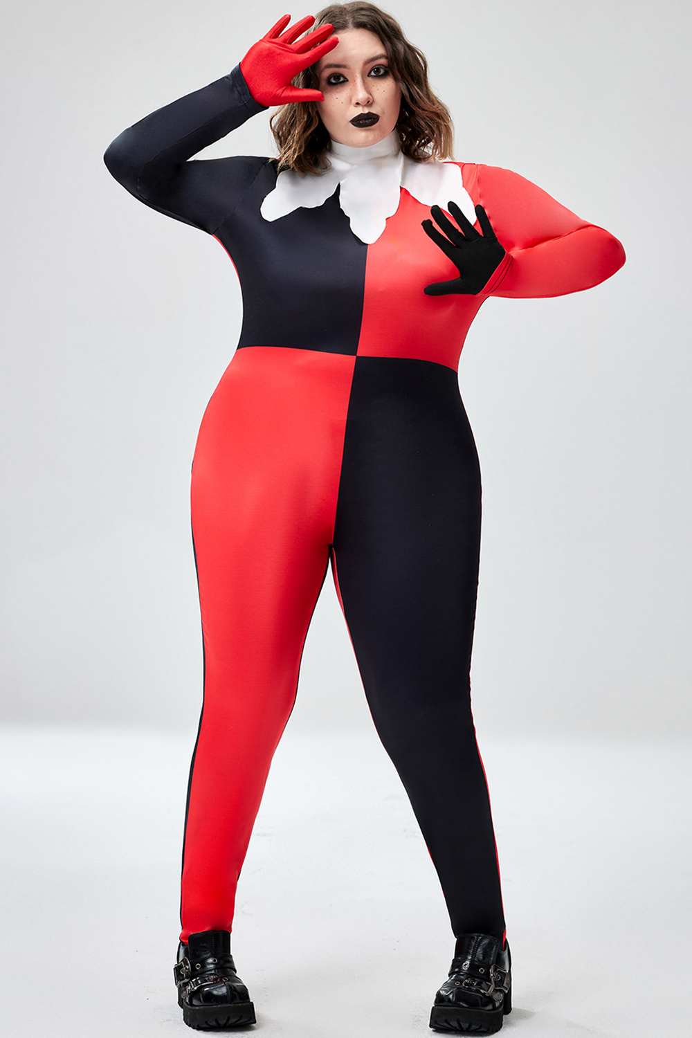 Xpluswear Design Plus Size Casual Halloween Costume Red All Over Print Long Sleeve Knitted Jumpsuit [Pre-Order]