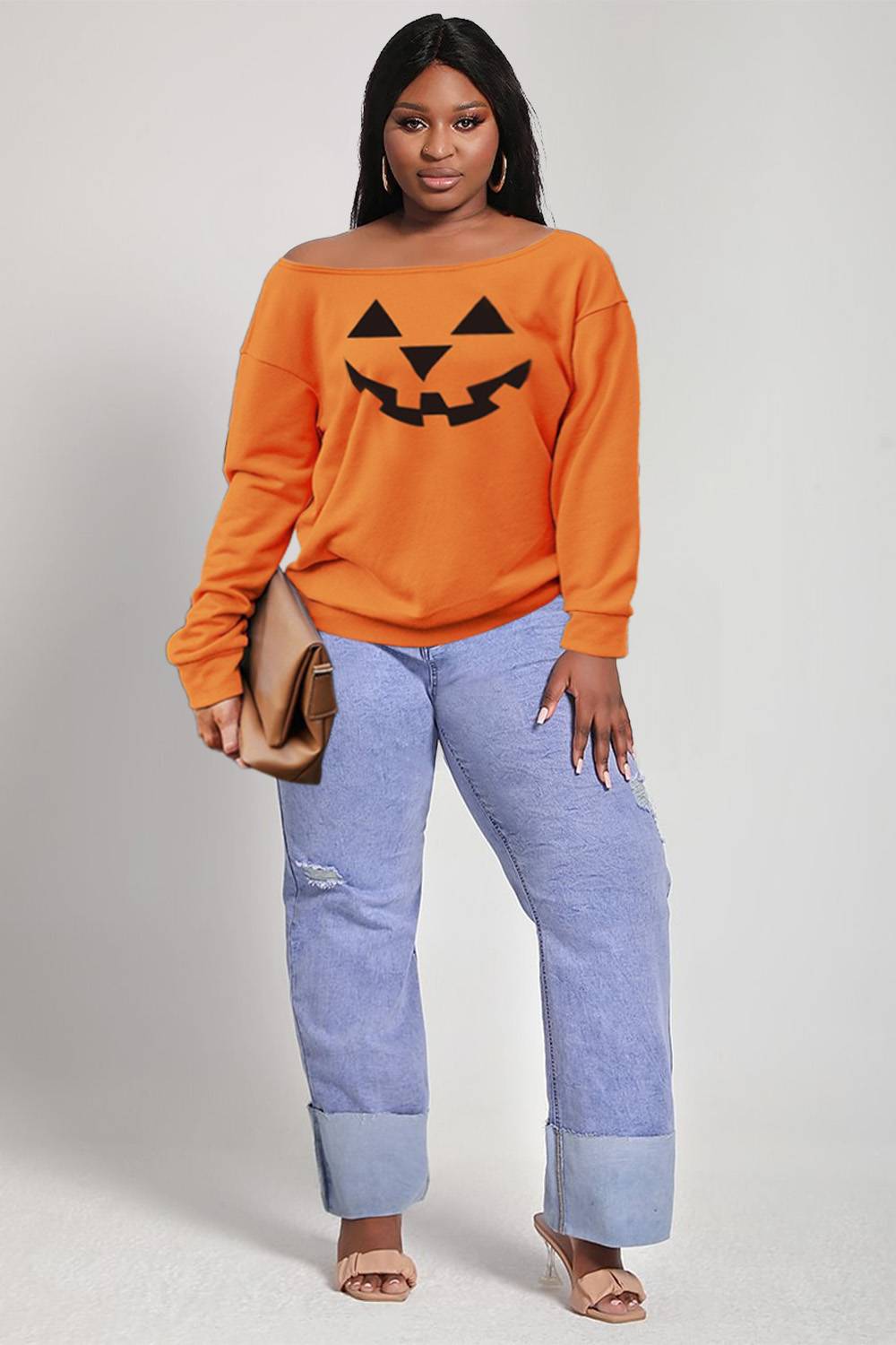 Xpluswear Design Plus Size Casual Blouse Orange Oblique Collar Halloween Print Loose Long Sleeve Blouse