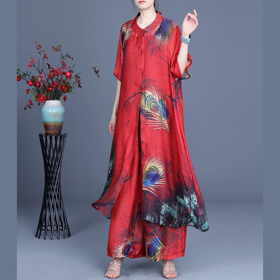 Summer 2021 Loose Silk Red Print Coat + Two Piece Pants