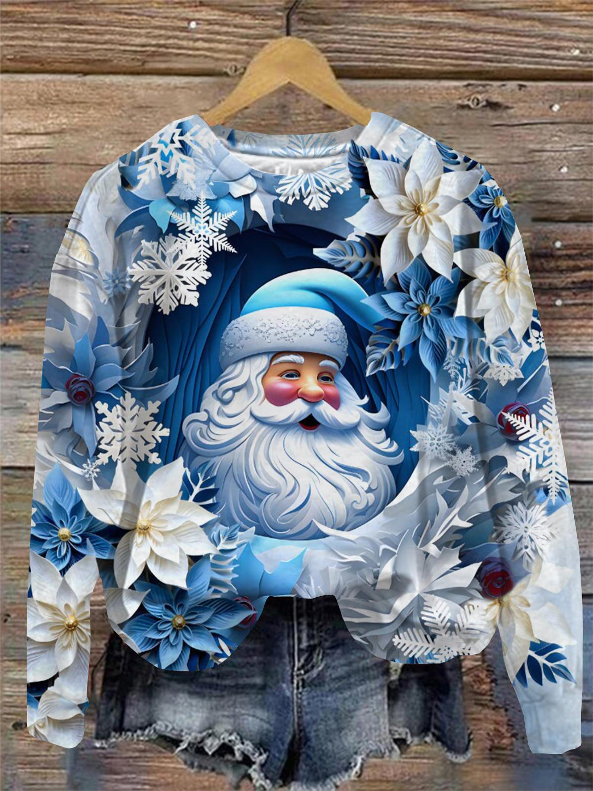 Women's Floral Santa Claus Print Round Neck Long Sleeve Top