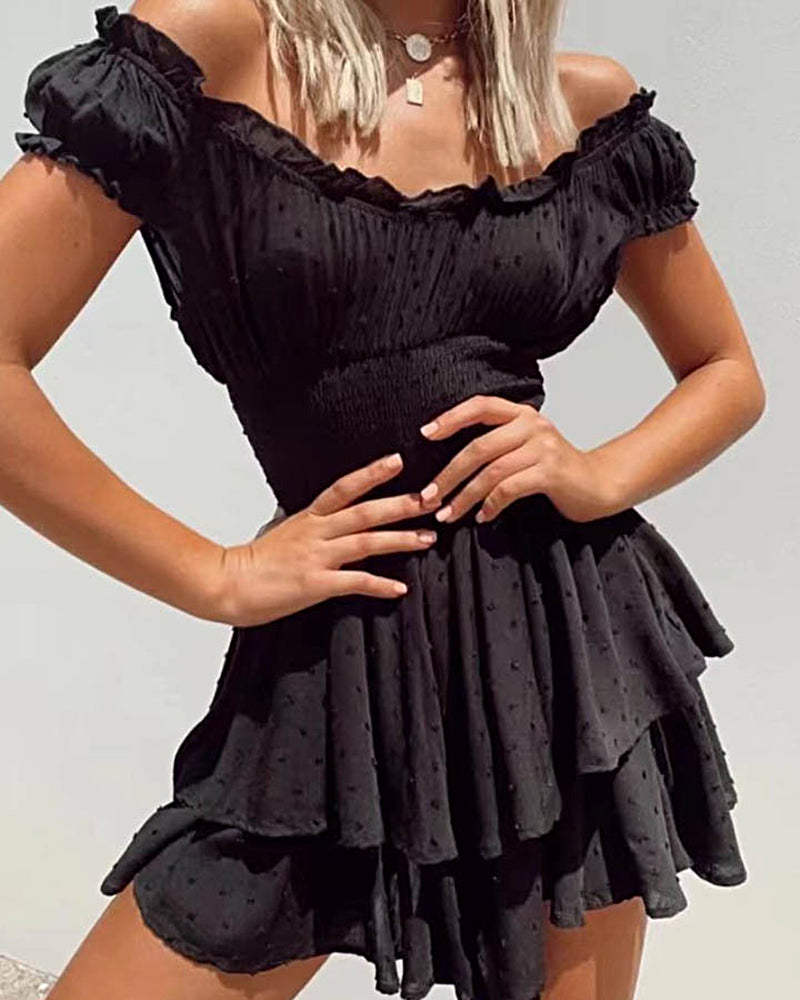 Off Shoulder Ruffle Shorts Romper Swiss Dot Smocked Layered Chiffon Boho Mini Jumpsuits