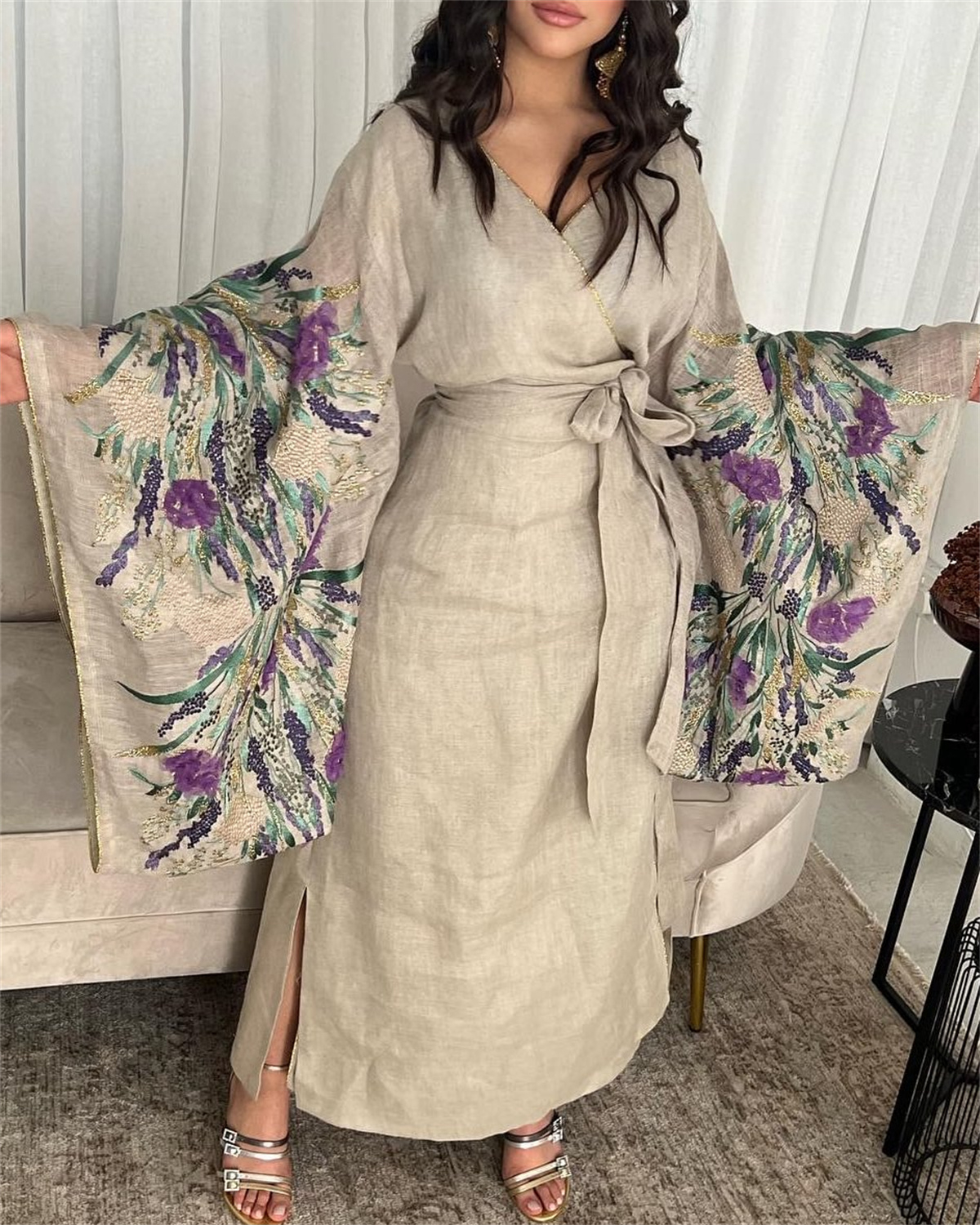 Floral Print Linen Cardigan Bat Sleeve Dress