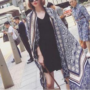 Summer Bikini Swimsuit Outer Blouse Gray Print Beach Vacation Oversized Scarf