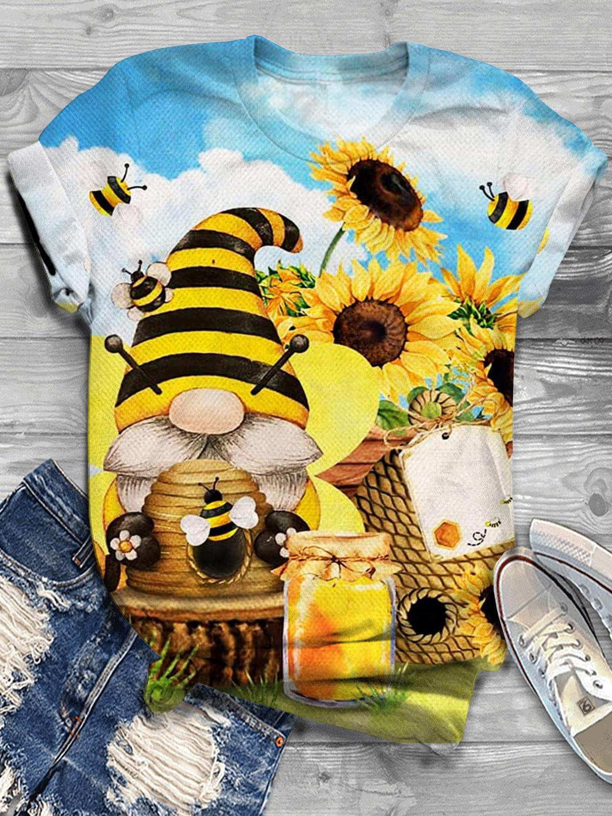 Gnome Sunflower Bee Crew Neck T-shirt