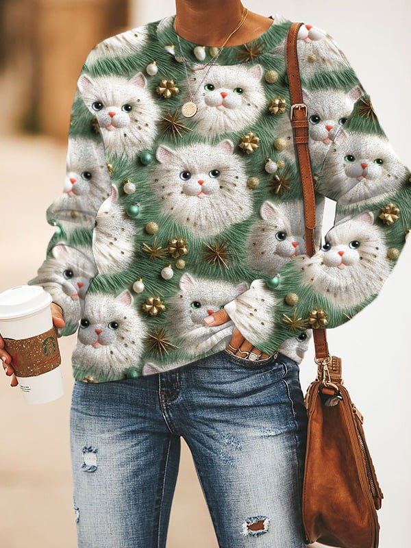 Women's Christmas Cat Print Sweatshirt