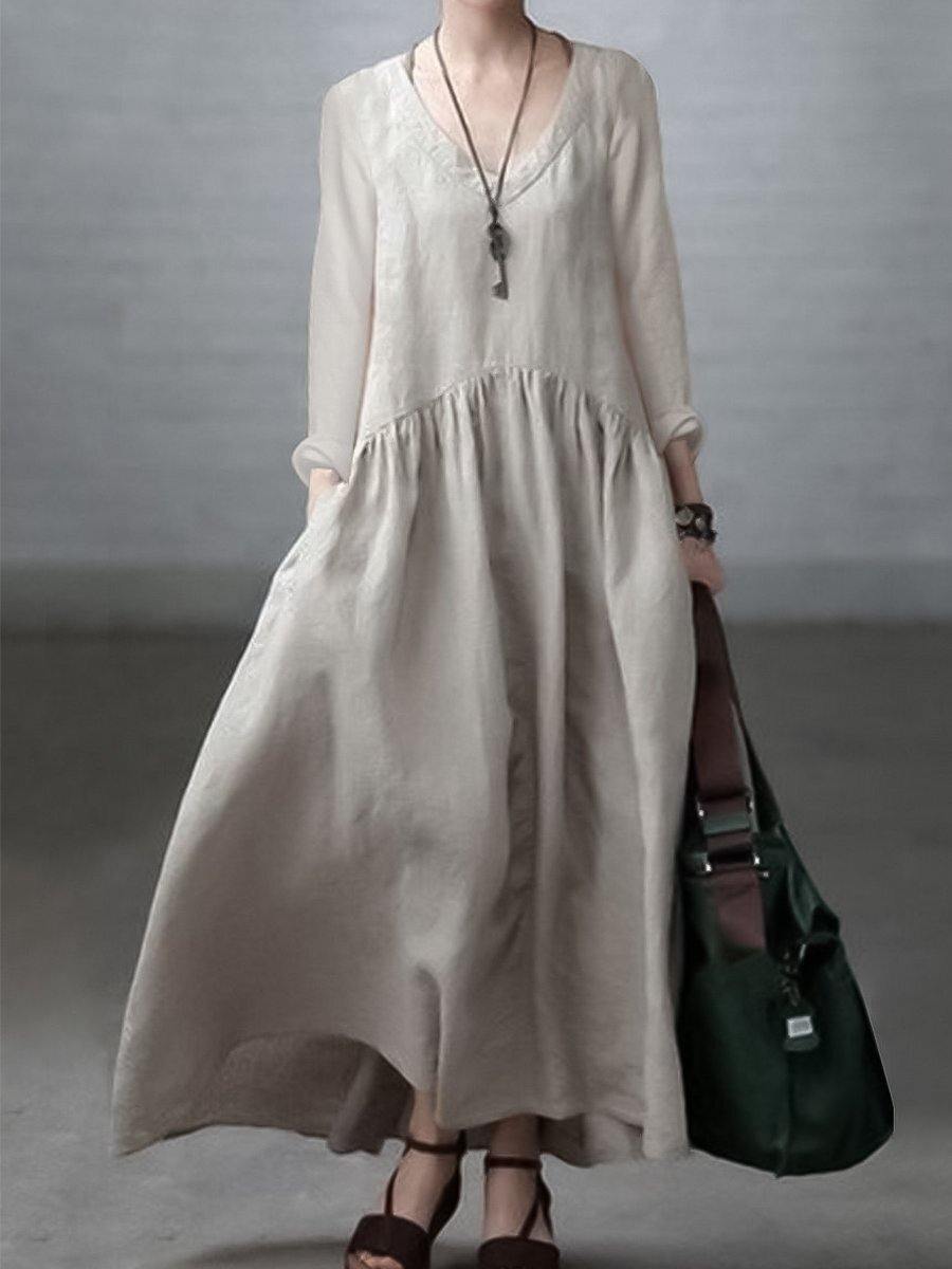 Sky blue Simple and Loose V-neck Cotton and Linen Dress