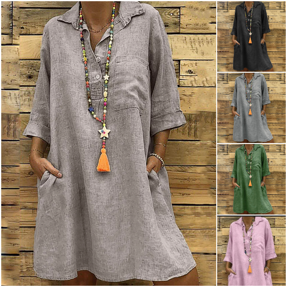 Women's Loose Three Quarter Sleeve Shirt Collar Dress