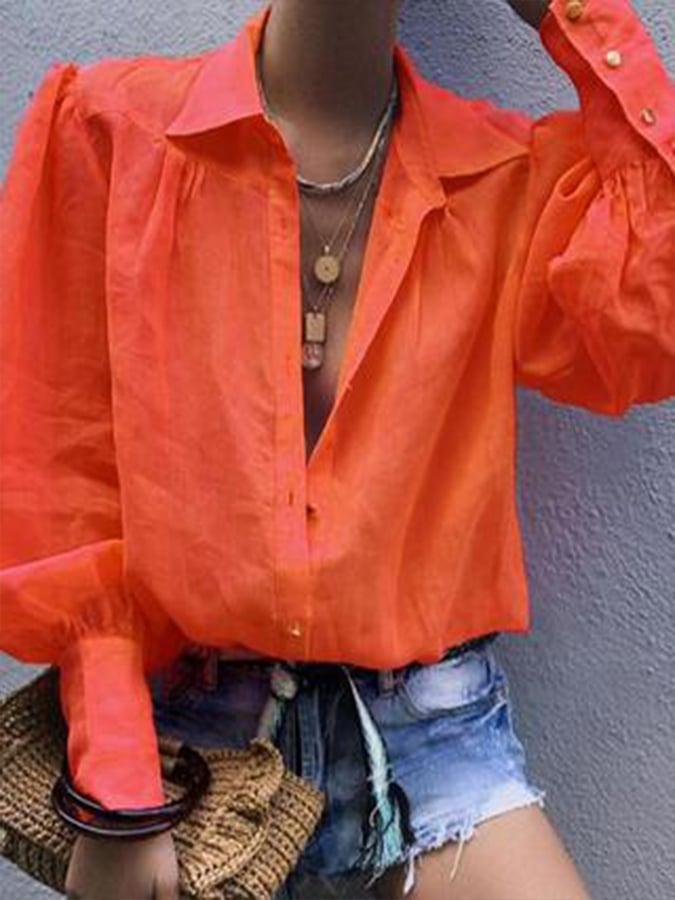 Women's Solid Color Pleated Long Sleeve Shirt